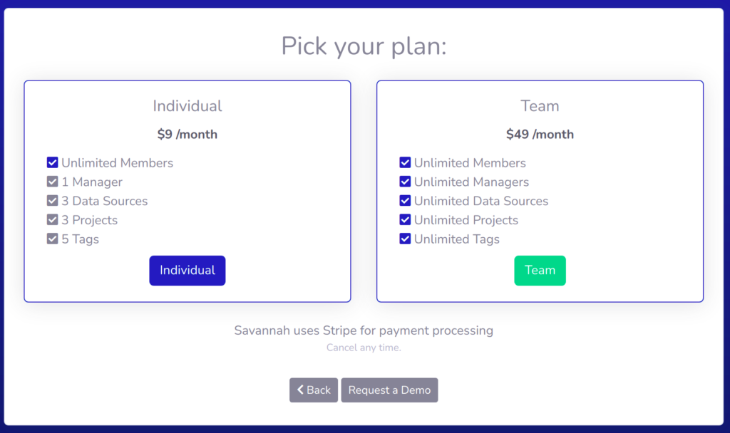 Price and feature comparison between Individual and Team plans